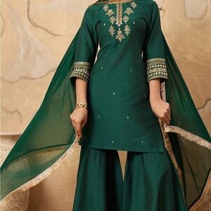 Emerald Green Embroidered Kurta + Palazzo Set (new)
